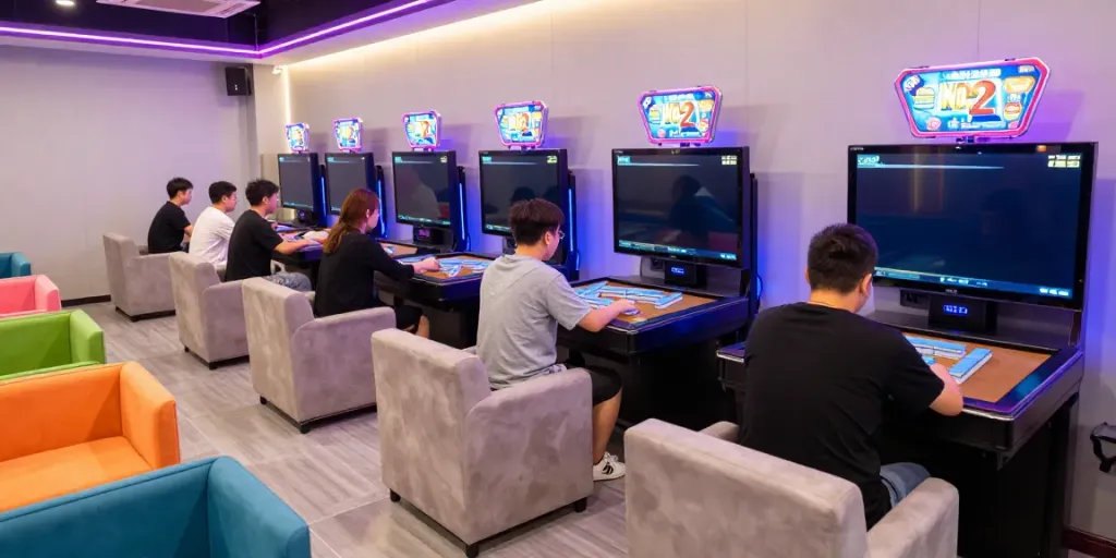 Pengalaman bermain Mahjong Ways 2 di ruang permainan modern dengan pemain terlibat dan suasana ceria.