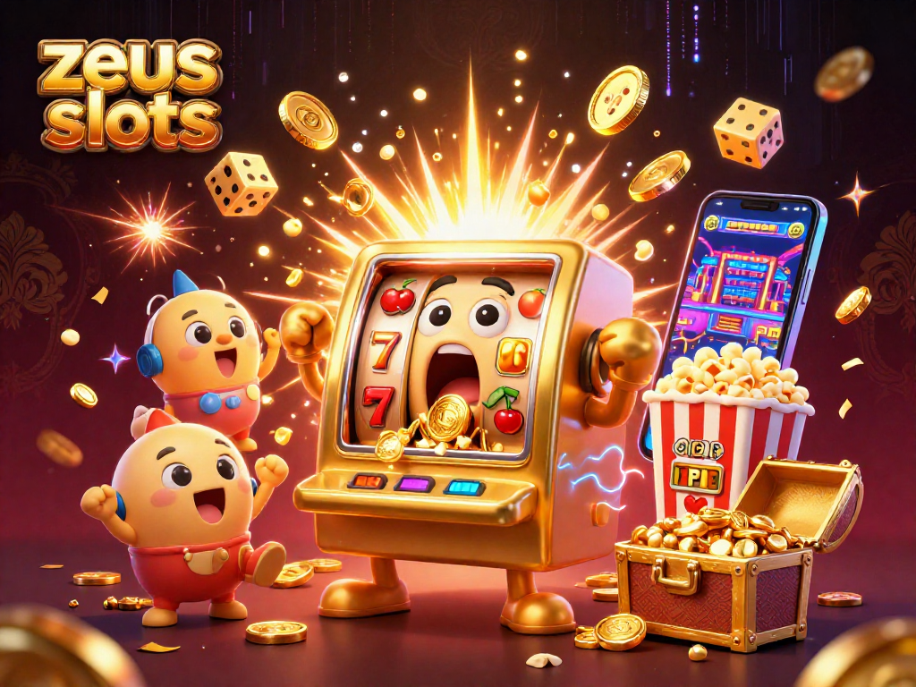 Experience zeus slots as a surprised golden slot machine hits the jackpot, surrounded by cheering baby slots.