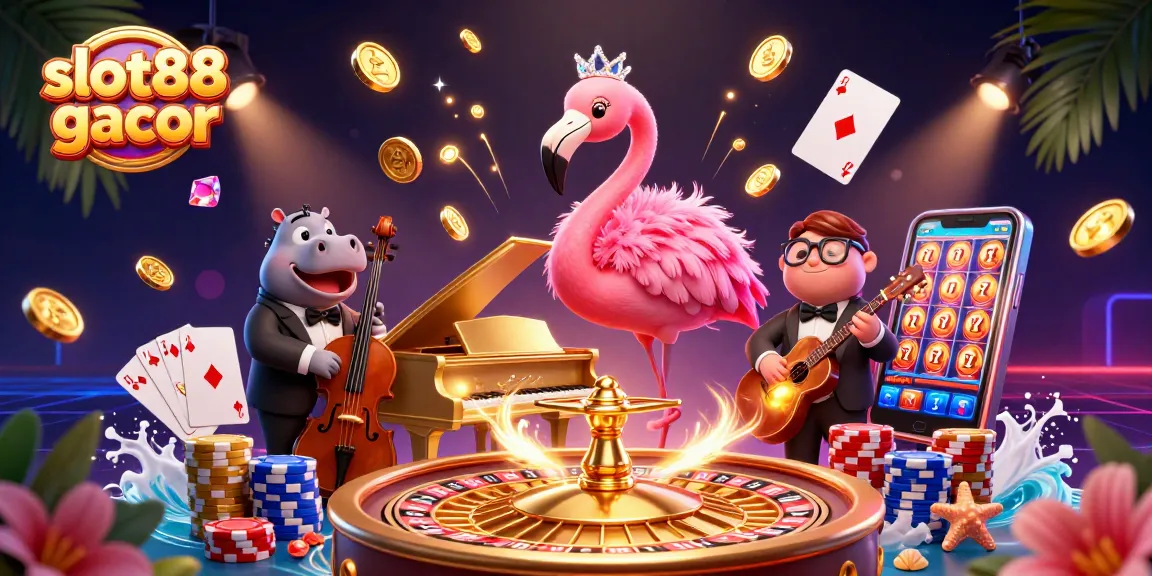 Slot88 gacor menampilkan penyanyi flamingo di kasino, dengan koin emas dan kartu bermain.
