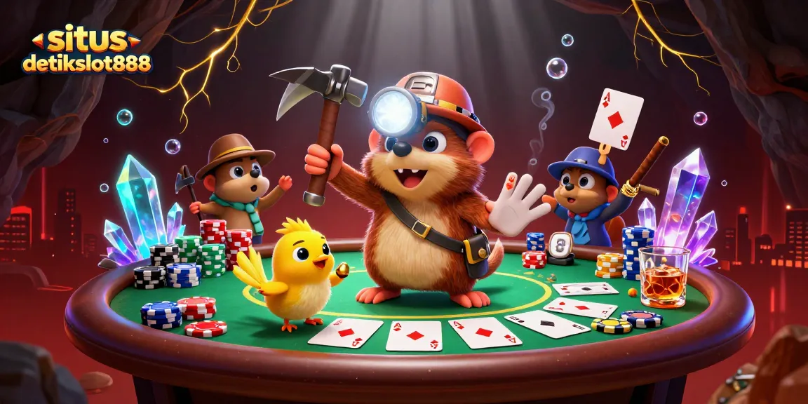 Experience situs detikslot888 action in a vibrant 3D scene filled with treasures and poker elements.