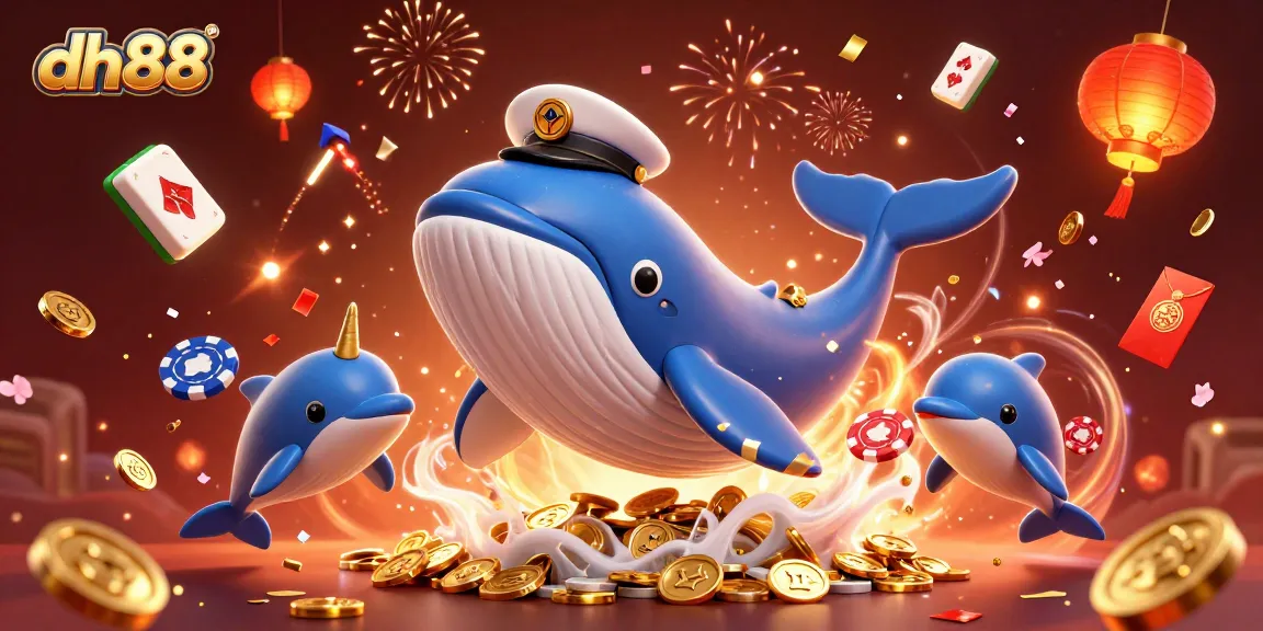 Playful dolphins and a giant whale celebrate at dh88 casino, surrounded by golden coins and festive elements.