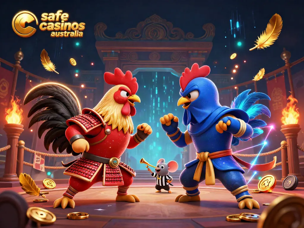 Experience thrilling action at safe online casinos Australia with battling roosters in a dynamic scene.