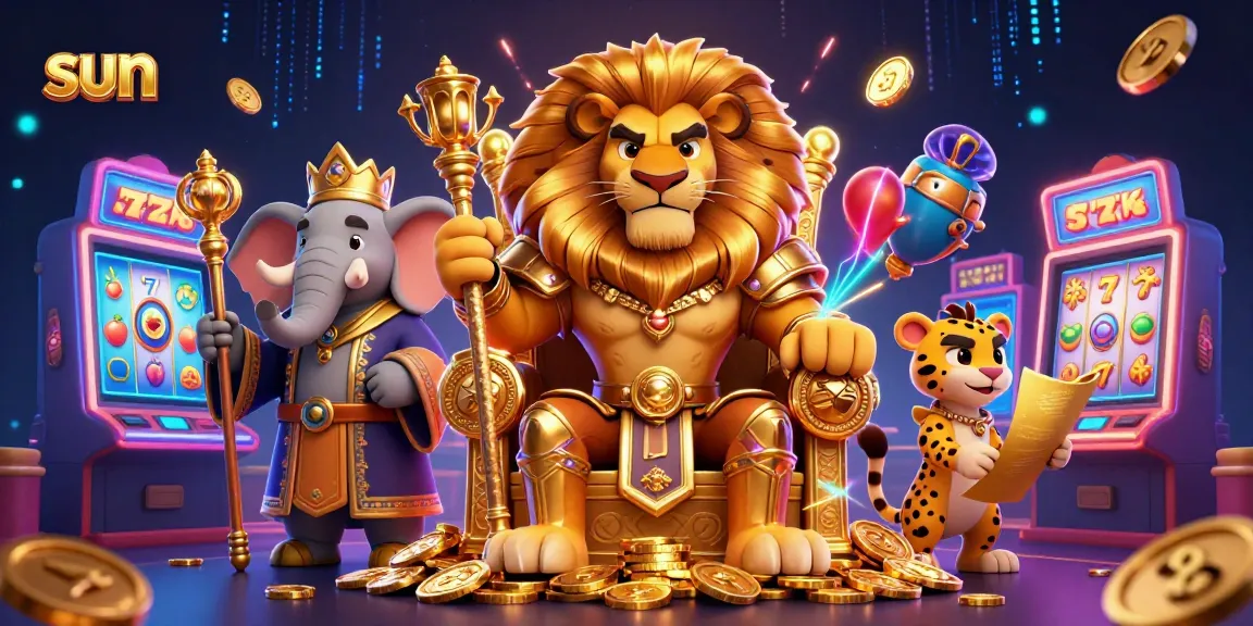 Spin the reels of fortune with sun-themed slot games featuring a lion king, elephant advisor, and cheetah messenger.