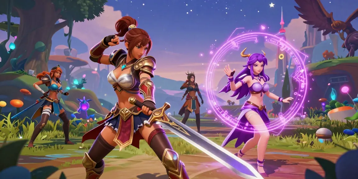 Vibrant female hentai game characters in an immersive fantasy scene, showcasing adventure.