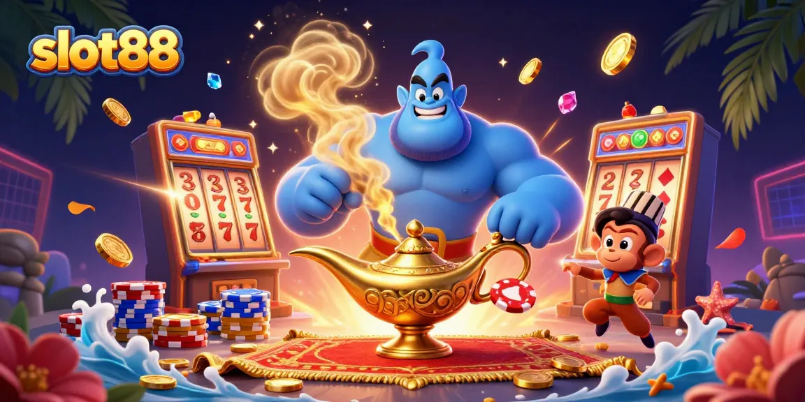 Menang di slot88 dengan genie biru yang besar, koin emas berceceran dan simbol keberuntungan.