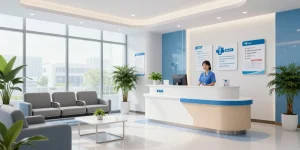 David Hoffmeister reviews within a modern healthcare clinic setting focused on patient care and wellness services.