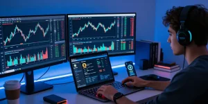 Play exchange focused cryptocurrency trading setup with live Bitcoin and Ethereum charts, showcasing the secure management of digital assets.
