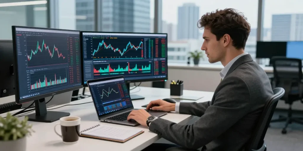 Торговля на bitmex биржа с профессионалом в стильном офисе, показывающим графики криптовалют.