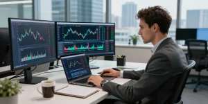 Торговля на bitmex биржа с профессионалом в стильном офисе, показывающим графики криптовалют.