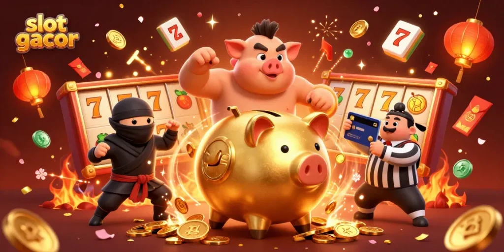 Mainkan slot gacor dengan karakter unik dan elemen permainan di latar belakang penuh warna.
