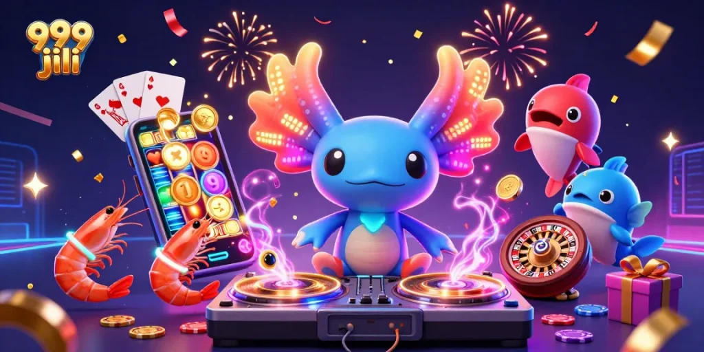 Experience the excitement of 999 jili with our vibrant casino scene, featuring a DJ axolotl and game elements.