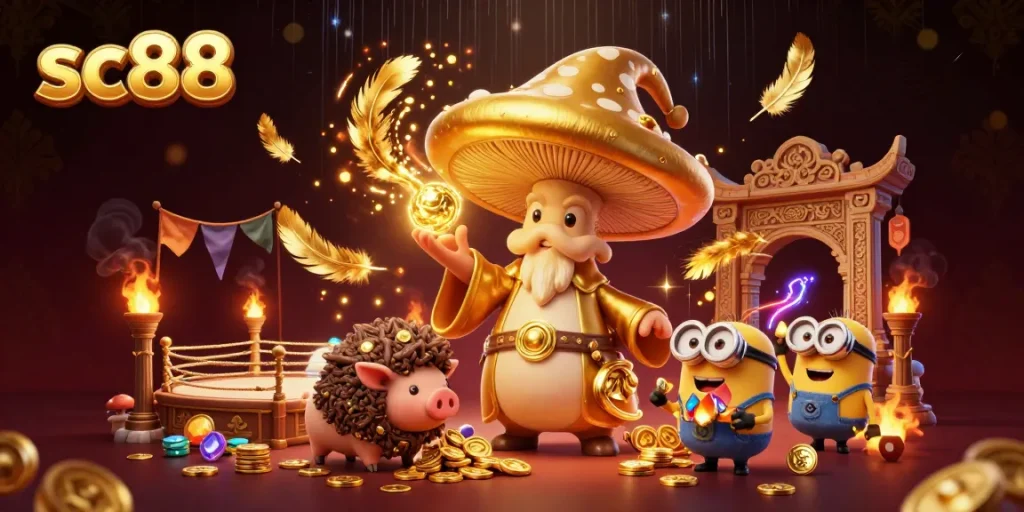 Experience the allure of sc88 with a magical illustration featuring a wizard and treasures.