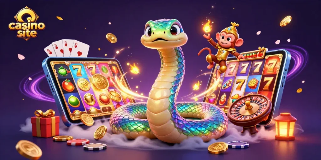 Engage with a vibrant casino site showcasing a rainbow serpent and monkey king amidst dynamic gaming visuals.