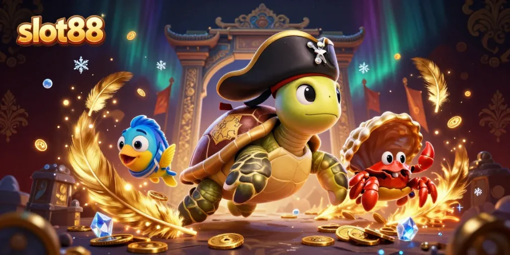 Mainkan slot88 dengan karakter lucu yang mengelilingi harta karun dalam ilustrasi kasino.