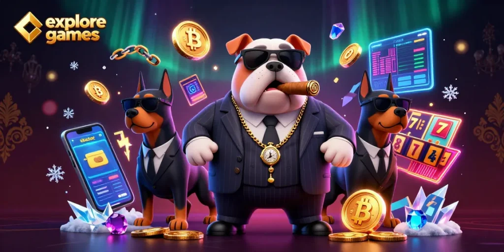 Immerse in the vibrant scene where players explore games featuring a mafia bulldog amidst thrilling casino elements.