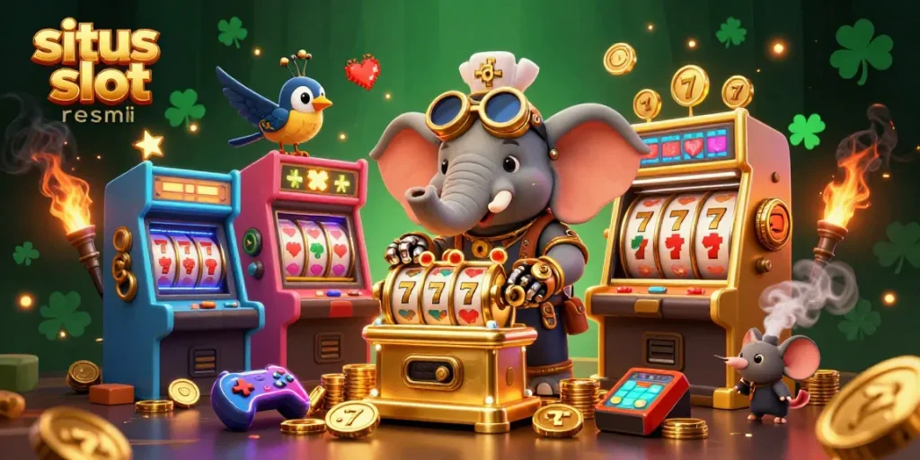 Play and win on situs slot resmi with colorful, vibrant 3D casino elements and steampunk character.