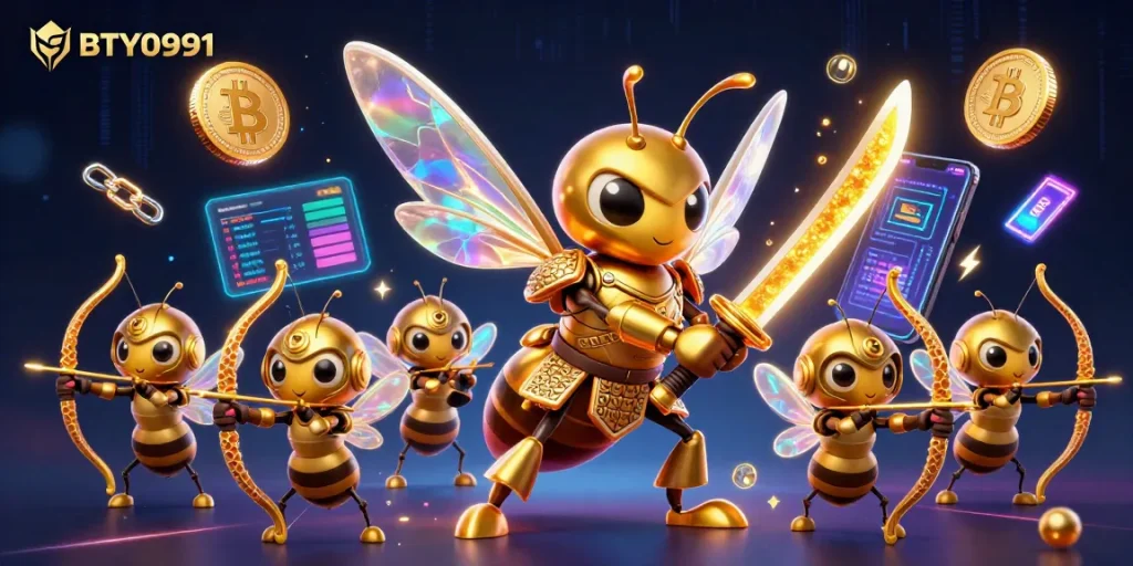 Engage with BTY0991's dynamic casino experience featuring crypto elements and vibrant characters.