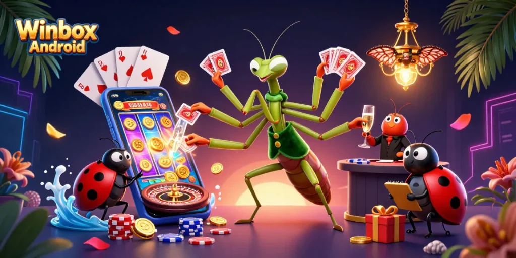 Winbox Android gameplay illustrated with a giant praying mantis card sharp, ladybug pit boss, and dynamic gaming elements.