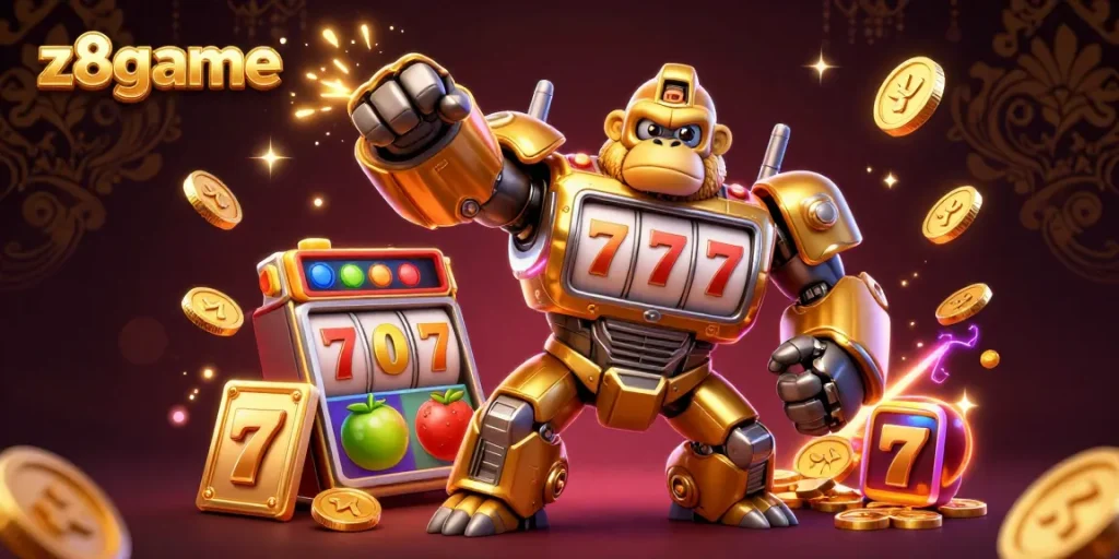Z8game brings excitement with a golden gorilla mech and dynamic slot game elements in an engaging casino scene.