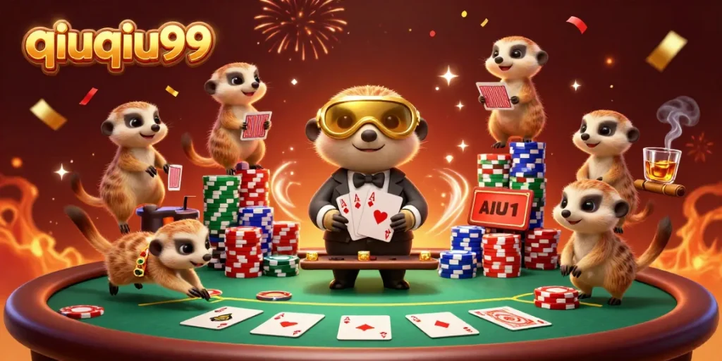 Experience the excitement of qiuqiu99 poker with meerkats in a bustling casino scene.